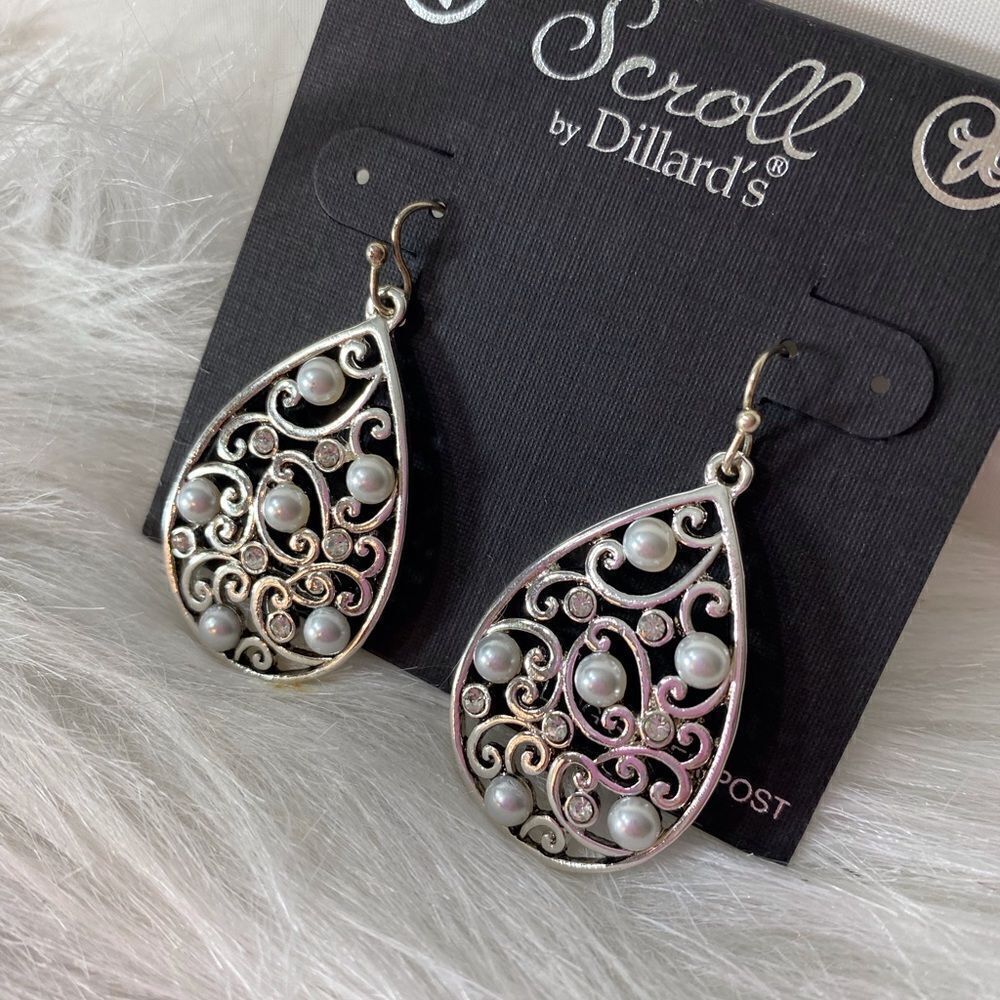 Large Silver Teardrop with Scrolling and Pearls